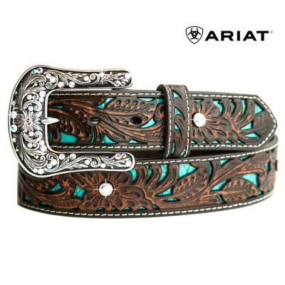 画像1: アリアット クラフト・ラインストーン レザーベルト（ブラウン・ターコイズ）M/Ariat Western Leather Belt(Brown/Turquoise)