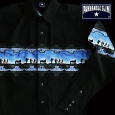 画像1: パンハンドルスリム ボーダー ウエスタンシャツ（長袖・ブラック ブルー）XL=身幅66cm/Panhandle Slim Long Sleeve Western Shirt (1)