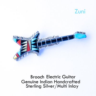 画像1: ロック ギター エレクトリックギター ブローチ・アメリカインディアン ズニ族 925シルバー&マルチインレイ/Zuni Multi Inlay Guitar Brooch