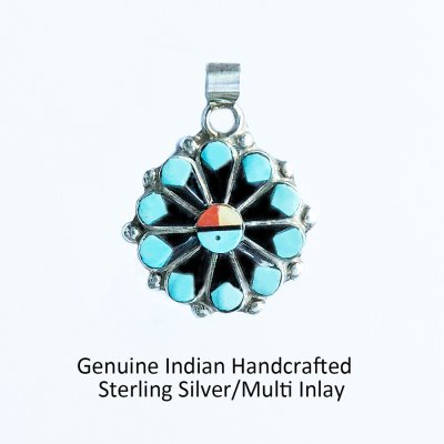 画像1: アメリカインディアン ズニ族 サンフェイス ペンダント ト ップ/Zuni Sterling Silver Multi Inlay Pendant