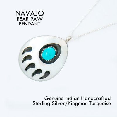 画像1: ナバホ インディアン キングマン ターコイズ・スターリングシルバー ベアパウ 熊の手 ペンダント トップ /Navajo Sterling Silver Kingman Turquoise Bear Paw Pendant