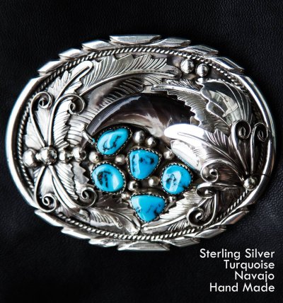画像1: ナバホ シルバー&ターコイズ ベアクロウ ベルト バックル/Navajo Sterling Silver Turquoise Belt Buckle 
