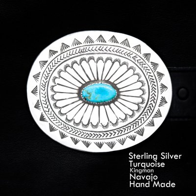 画像1: キングマン ターコイズ&スターリングシルバー ナバホ ハンドメイド バックル/Navajo Sterling Silver Kingman Turquoise Belt Buckle