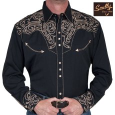 画像1: スカリー ウエスタン 刺繍 シャツ（長袖/ブラック・スクロールゴールド）/Scully Long Sleeve Embroidered Western Shirt(Men's) (1)