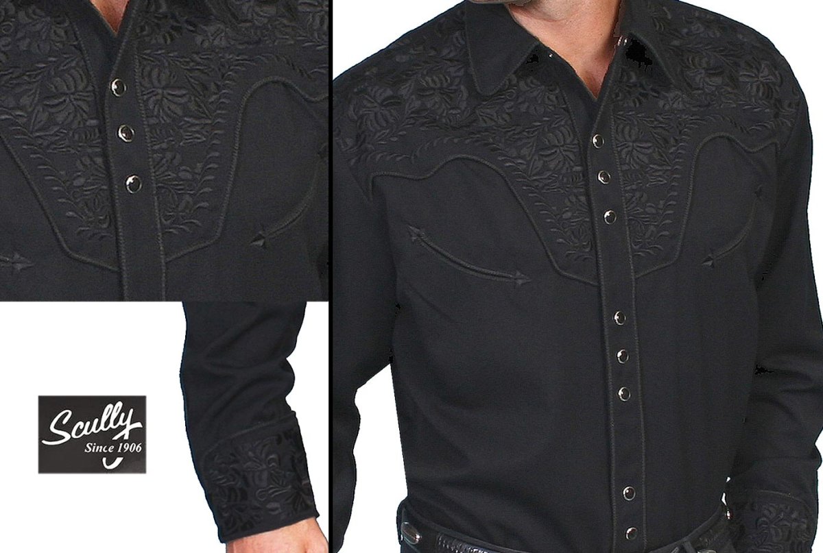 画像3: スカリー ブラック&ブラック刺繍 ウエスタン シャツ（長袖/ブラック）/Scully Long Sleeve Embroidered Western Shirt(Men's) (3)
