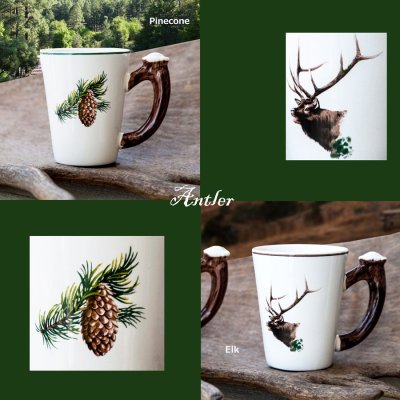 画像1: 鹿の角 エルク&パインコーン マグカップ（2個セット）/Elk&Pinecone Mug Cup(Set of Two)
