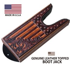 画像1: レザー ブーツジャック  アメリカ国旗・フローラル&スター ブラウン（ブーツ・靴を脱ぐ便利道具）/Genuine Leather Topped Boot Jack USA Flag Brown (1)