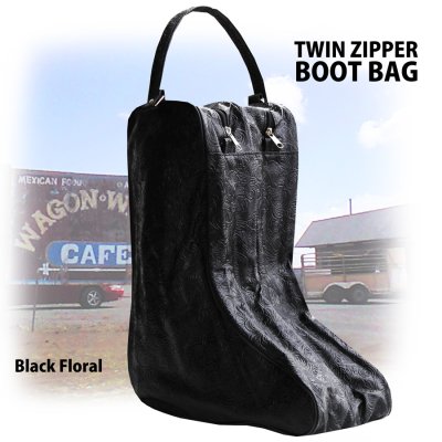 画像1: ウエスタンブーツ ブーツバッグ 持ち運び・キャリーバッグ ブーツ保管用バッグ ツインジッパー・ハンドストラップつき（フローラル・ブラック）/Hand Strap Twin Zipper Boot Bag(Black/Floral)