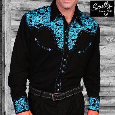画像1: スカリー ウエスタン 刺繍 シャツ（長袖/ブラック・ターコイズ）/Scully Long Sleeve Embroidered Western Shirt(Men's)