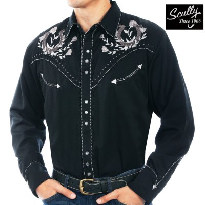 画像2: スカリー 蹄鉄&ローズ 刺繍 ウエスタン シャツ（長袖/ブラック）XS/Scully Horseshoe & Roses Embroidered Long Sleeve Western Shirt(Men's)