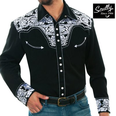 画像1: スカリー ウエスタン 刺繍 シャツ（長袖/ブラック・ホワイト）/Scully Long Sleeve Embroidered Western Shirt(Men's)