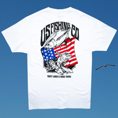 画像1: アメリカン フィッシング アメリカ国旗 半袖 Tシャツ（ホワイト）/U.S. Fishing Short Sleeve T-shirt(White)