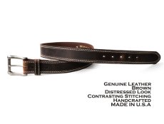 画像2: ディストレストブラウン＆ステッチ ウエスタン レザーベルト /1 1/2" Genuine Leather Western Belt(Brown) (2)