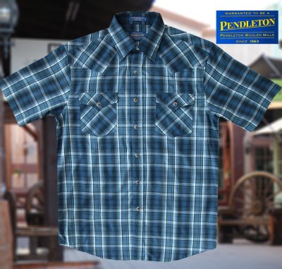 画像1: ペンドルトン 半袖 ウエスタン シャツ ブルー・ホワイトプラッドM/Pendleton Short Sleeve Western Shirt