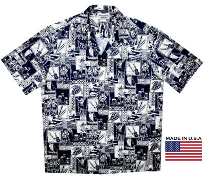 画像2: アロハシャツ ハワイアンシャツ ウクレレ・椰子の木 ・サーフボード・パイナップル（ネイビー）/Aloha Shirt