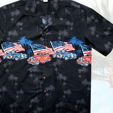 画像1: アメリカ国旗&クラシックカー アロハシャツ ハワイアンシャツ ボーダー・マッチングフロント（ブラック）L/Aloha Shirt U.S.Flag&Classic Car(Black) (1)