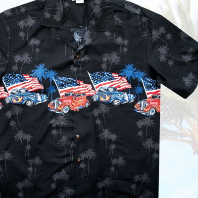 画像1: アメリカ国旗&クラシックカー アロハシャツ ハワイアンシャツ ボーダー・マッチングフロント（ブラック）M/Aloha Shirt U.S.Flag&Classic Car(Black)