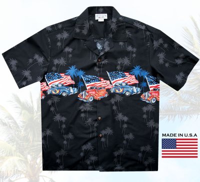 画像2: アメリカ国旗&クラシックカー アロハシャツ ハワイアンシャツ ボーダー・マッチングフロント（ブラック）L/Aloha Shirt U.S.Flag&Classic Car(Black)