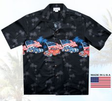 画像2: アメリカ国旗&クラシックカー アロハシャツ ハワイアンシャツ ボーダー・マッチングフロント（ブラック）M/Aloha Shirt U.S.Flag&Classic Car(Black) (2)