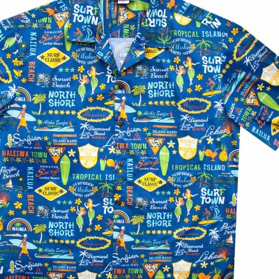 画像1: アロハシャツ ハワイ ワイキキ ビーチ・ノースショア サーフィン（ブルー）L/Aloha Shirt  Hawaii