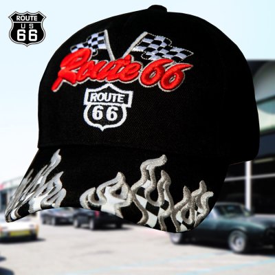 画像1: ルート66 チェッカーフラッグ  刺繍 キャップ（ブラック/レッド・シルバー）/Route 66 Cap(Black) 