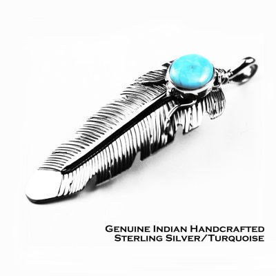 画像1: ネイティブアメリカン ナバホ族 フェザー ターコイズ&スターリングシルバー ペンダント トップ/Navajo Handmade Turquoise&Sterling Silver Pendant