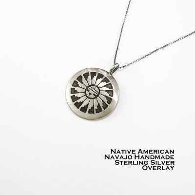 画像1: アメリカ インディアン ナバホ族 サンフェイス オーバーレイ スターリングシルバー ペンダント トップ/Native American Navajo Sunface Sterling Silver Pendant 