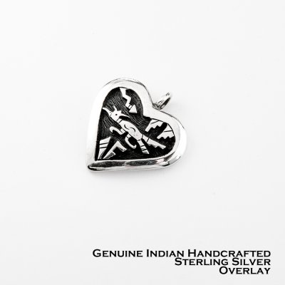 画像1: ホピ オーバーレイ スターリングシルバー ハート ロードランナー ペンダント トップ/Native American Hopi Sterling Silver Overlay Heart Roadrunner Pendant