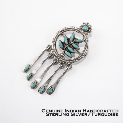 画像1: ズニ ターコイズ ニードルポイント スターリングシルバー サークル ペンダント ブローチ/Zuni Handmade Turquoise Needlepoint Sterling Silver Circle Pendant Brooch