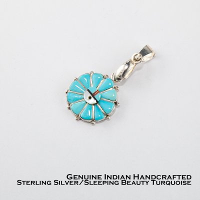 画像1: サンフェイス ズニ族 スリーピングビューティーターコイズ&スターリングシルバー ペンダント トップ/Zuni Handmade Sleeping Beauty Turquoise&Sterling Silver Sunface Pendant