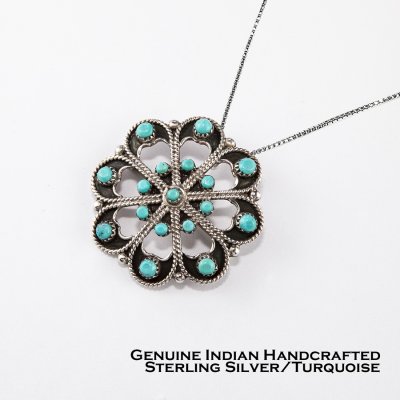 画像1: ズニ ターコイズ スターリングシルバー ペンダント ブローチ/Zuni Handmade Turquoise Sterling Silver Pendant Brooch