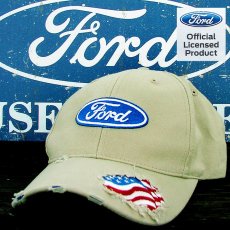 画像1: フォード ロゴ&アメリカ国旗 刺繍 ビンテージ キャップ/Ford Cap(Light Khaki) (1)