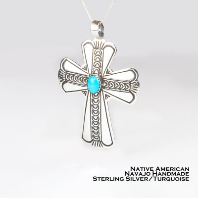 画像1: ナバホ スターリングシルバー ターコイズ クロス ペンダント トップ/Navajo Handmade Sterling Silver Turquoise Cross Pendant