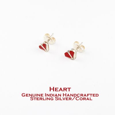 画像1: ハート ネイティブアメリカン ナバホ族 コーラル &スターリング シルバー ピアス（レッド）/Native American Navajo Sterling Silver Coral Heart Earrings