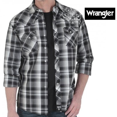 画像1: ラングラー 刺繍 ウエスタンシャツ ブラック・ホワイト（長袖）M/Wrangler Rock47 Long Sleeve Western Shirt(Black/White)