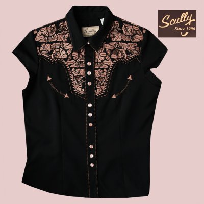 画像1: スカリー フローラル刺繍 ウエスタンシャツ ブラック キャップスリーブ M/Scully Western Shirt(Women's)