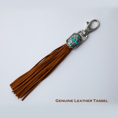 画像1: レザータッセル ターコイズ&シルバーコンチョ アクセサリー クリップ キーホルダー （ブラウン）/Leather Tassel Key Clip w/Concho(Brown)