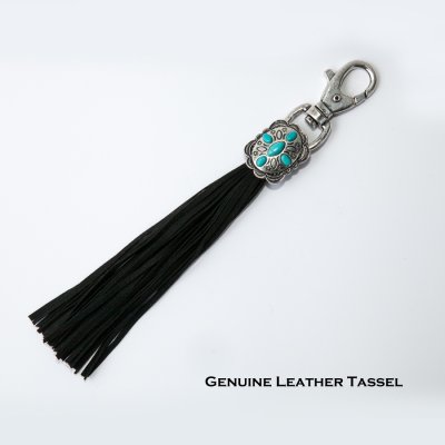 画像1: レザータッセル ターコイズ&シルバーコンチョ アクセサリー クリップ キーホルダー（ブラック）/Leather Tassel Key Clip w/Concho(Black)