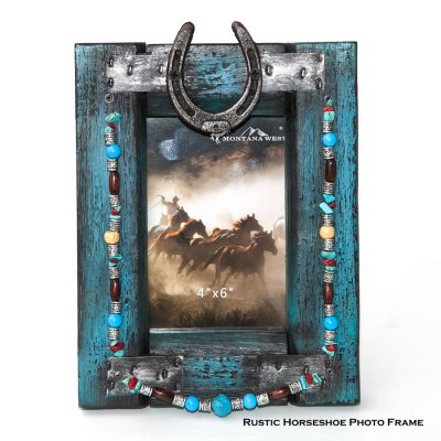 画像1: ウエスタン ホースシュー ビーズ フォトフレーム ターコイズ（木製写真立て）/Rustic Wood Photo Frame Horseshoe(Distressed Turquoise)