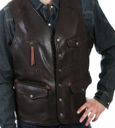 画像2: スカリー スナップフロント ダークブラウン ラギッドラム 4ポケットフロント リアル レザー ベスト/Scully Rugged Lamb Real Leather Vest(Dark Brown)