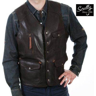 画像1: スカリー スナップフロント ダークブラウン ラギッドラム 4ポケットフロント リアル レザー ベスト/Scully Rugged Lamb Real Leather Vest(Dark Brown)