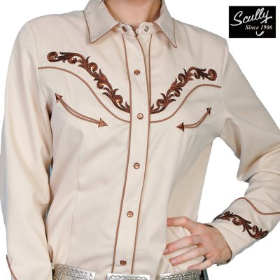 画像1: スカリー 刺繍・ラインストーン ウエスタン シャツ（長袖/クリーム・ゴールド）/Scully Long Sleeve Western Shirt(Women's)