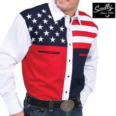 画像1: スカリー USA 星条旗 アメリカ国旗 刺繍シャツ（メンズ 長袖/アメリカンフラッグ）/Scully Long Sleeve Western Shirt
