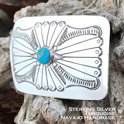 画像1: アメリカ インディアン ナバホ族 ハンドメイド ベルト バックル スターリングシルバー&ターコイズ/Native American Navajo Sterling Silver Turquoise Belt Buckle