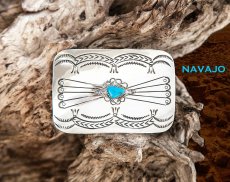 画像2: ナバホ族作 ハンドメイド バックル スターリングシルバー&ターコイズ/Navajo Sterling Silver Turquoise Buckle (2)