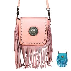 画像1: ウエスタン フリンジ レザー ショルダーバッグ クロスボディバッグ ヒップバッグ（ピンク）/100% Genuine Leather Crossbody Bag(Pink) (1)