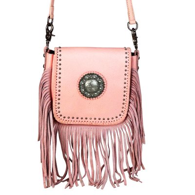 画像1: ウエスタン フリンジ レザー ショルダーバッグ クロスボディバッグ ヒップバッグ（ピンク）/100% Genuine Leather Crossbody Bag(Pink)