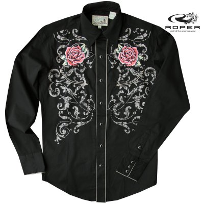 画像1: ローパー ウエスタン 刺繍 シャツ（長袖/ブラック・ローズ）/Roper Long Sleeve Embroidered Western Shirt(Black/Rose)
