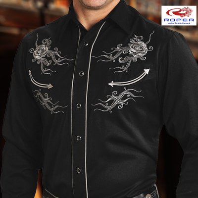 画像1: ローパー オールドウエスト 刺繍 ウエスタン シャツ（長袖/ブラック・シルバー）/Roper Old West Long Sleeve Embroidered Western Shirt(Black/Silver)