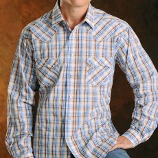 画像1: パンハンドルスリム ラフストック ウエスタン シャツ（ブルー・ブラウン/長袖）/Rough Stock Long Sleeve Western Shirt by Panhandle Slim(Powder Blue) (1)